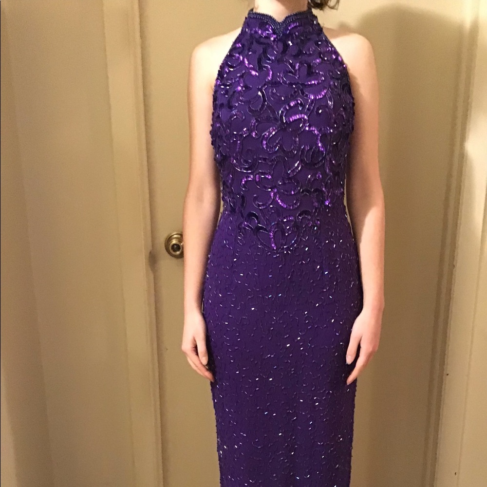 Shimmering Purple High-Necked Gown with Deep Back